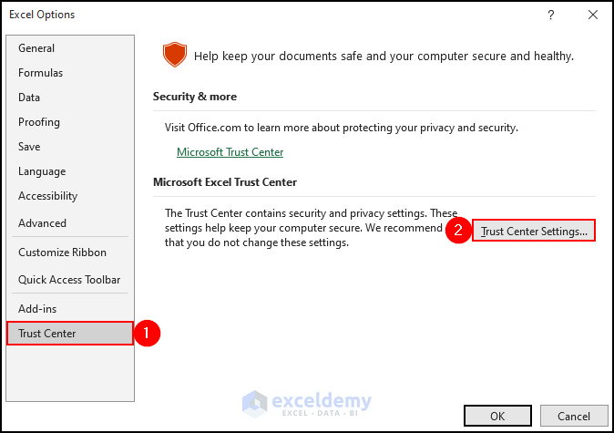 selecting trust center settings to disable Excel safe mode from trust center