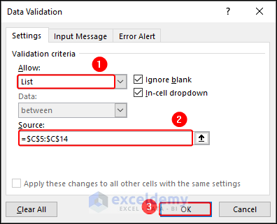 setting validation criteria in the data validation dialog box
