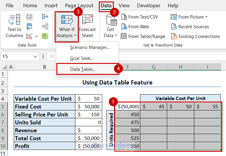 Selecting Data Table Feature
