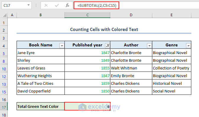 Counting cells based on text color in Excel