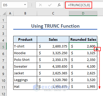 Formula to remove decimals using TRUNC function