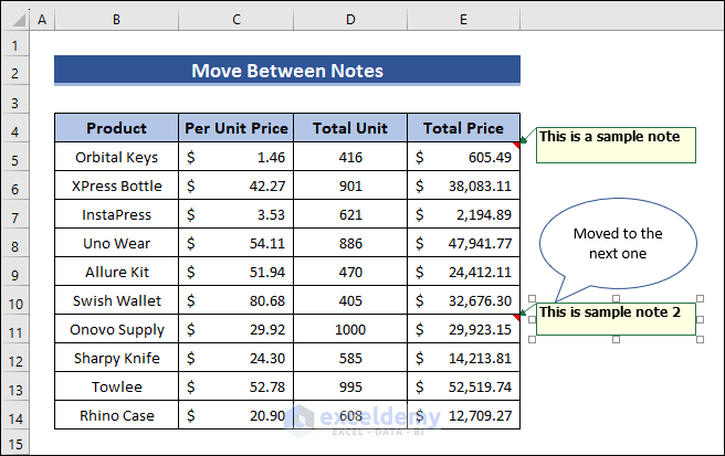 Move Between Notes in Excel