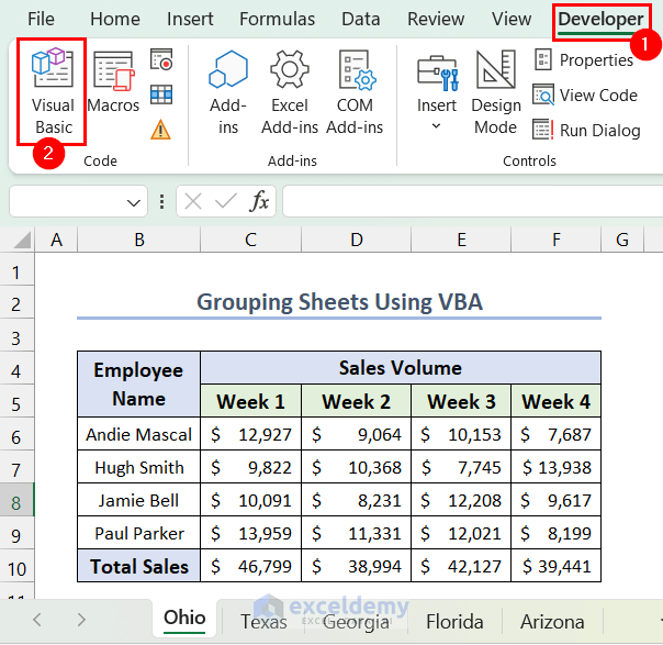 Opening Visual Basic Editor from Developer tab for grouping sheets in Excel