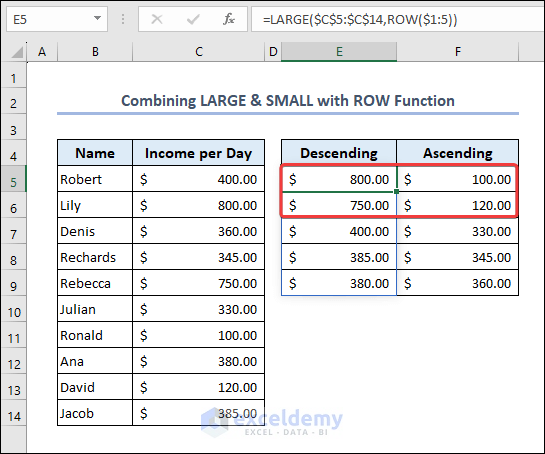 Combine LARGE and SMALL with ROW function to get Outliers in Excel