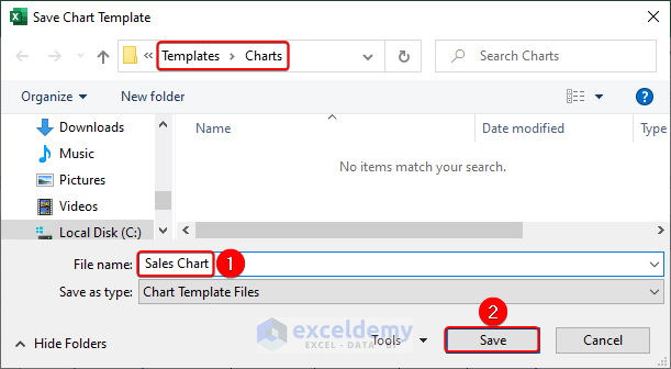 Saving the template in the default destination