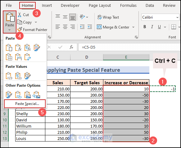 13-Selection of the Paste Special feature to convert positive number to negative number in Excel