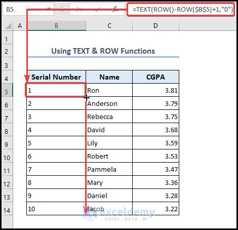 Using TEXT & ROW Functions