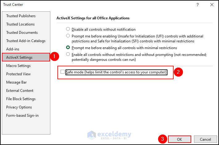 unmarked check box for the safe mode to disable Excel safe mode from trust center