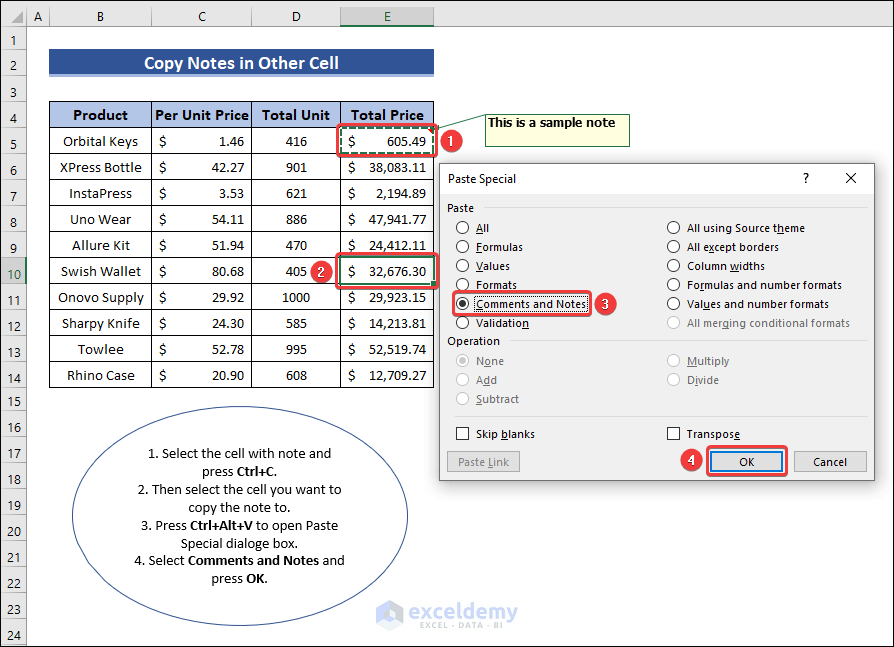 Use Comments and Notes Option to Copy Notes in Other Cell in Excel