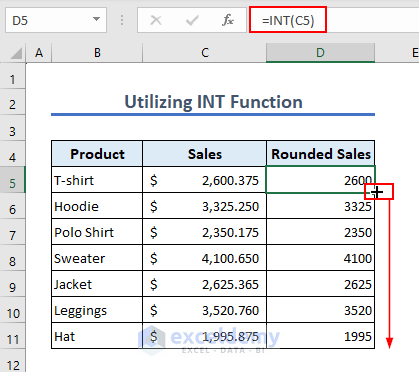 Utilizing INT function to remove decimals