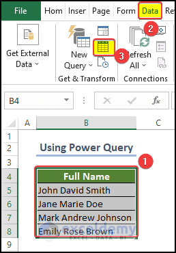 selecting table to enter the power query in Excel to split column