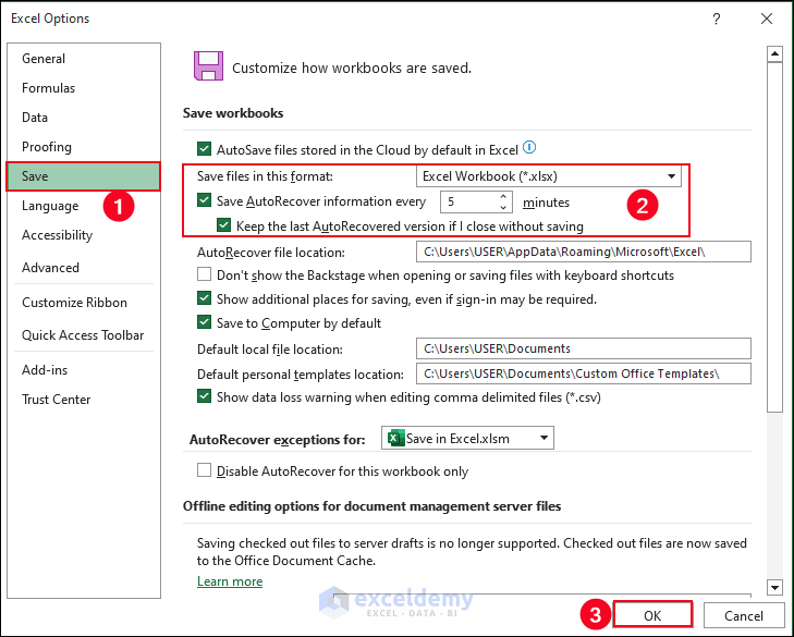14-Save AutoRecover option from the Excel Options dialog box