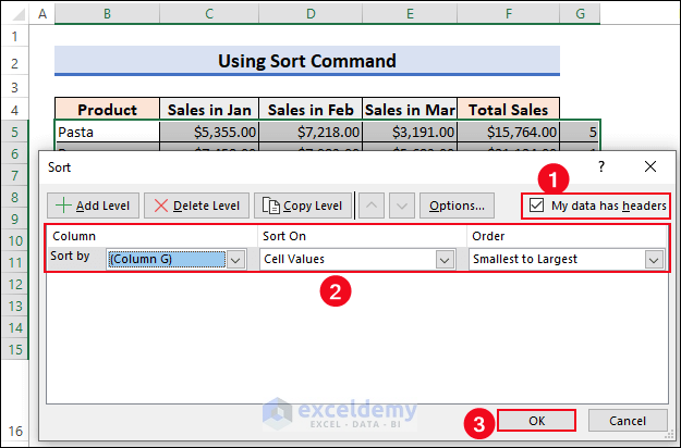 14-Select Column G in the Sort by drop-down list