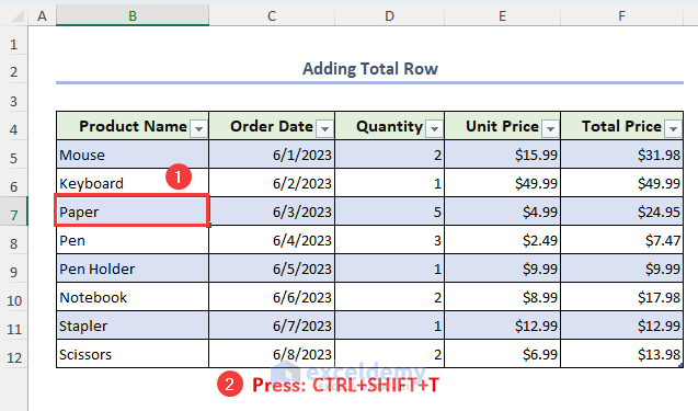 Using keyboard shortcut to include Total Row