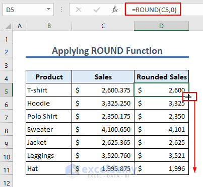 Applying ROUND function to remove decimals in Excel