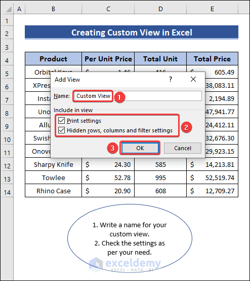 Modify Custom View Settings in Excel