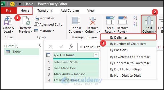 Split column in the power query editor