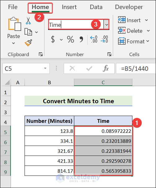 Convert minutes to time from the Number group in the Home tab