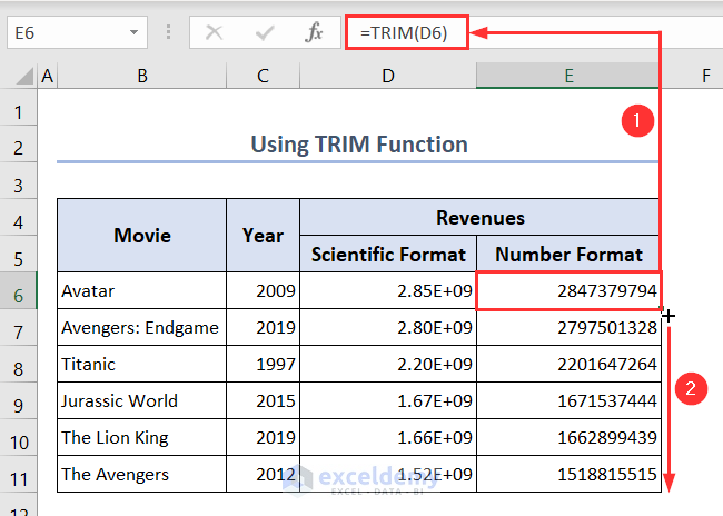 Inserting TRIM function to convert values from scientific format to numbers format
