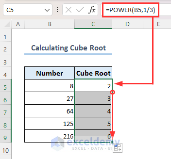 Using POWER function to calculate cube root in excel