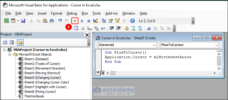 executing VBA code to change cursor from plus to arrow