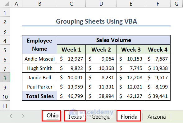 Grouped Sheets after executing the VBA macro