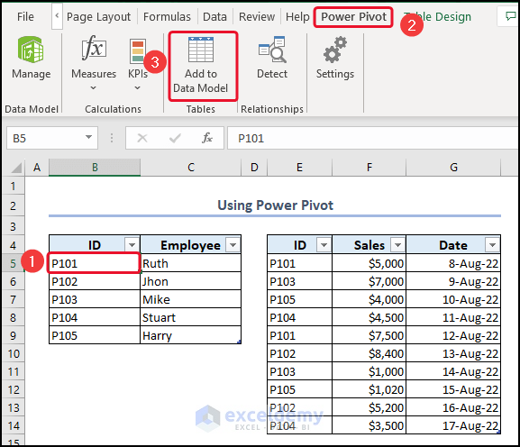 Selecting Add to Data Model from Power Pivot to Create Data Model in Excel