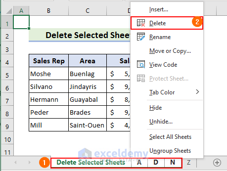 Delete selected sheets