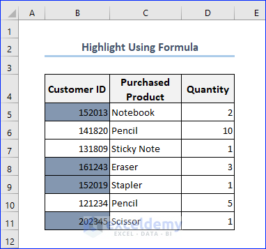 Output of Highlighting by Formula