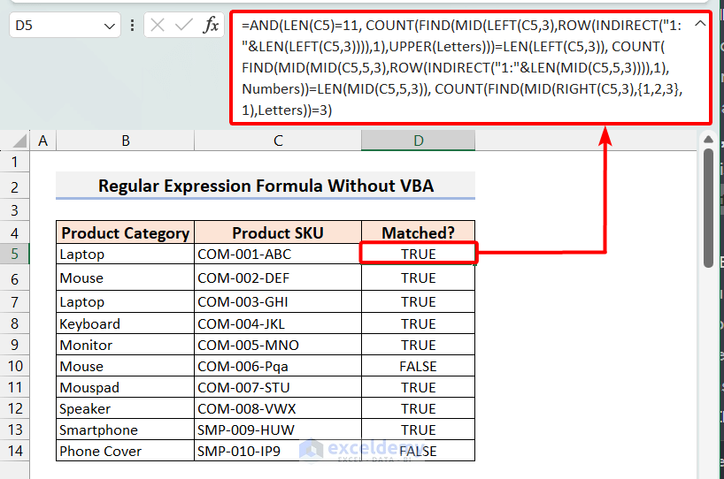 Regular Expression Formula Without VBA
