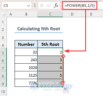 Using power function to calculate Nth root in Excel