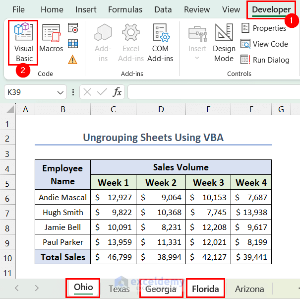 Opening Visual Basic Editor from Developer tab to ungroup sheets