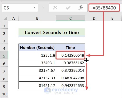 Insert formula to convert seconds to time
