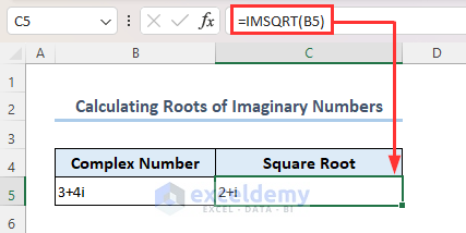 Using IMSQRT function to calculate square root of complex number in Excel