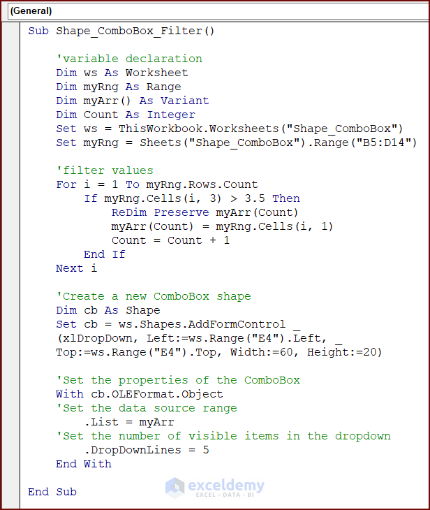 VBA Code to Filter Data in a Shape ComboBox