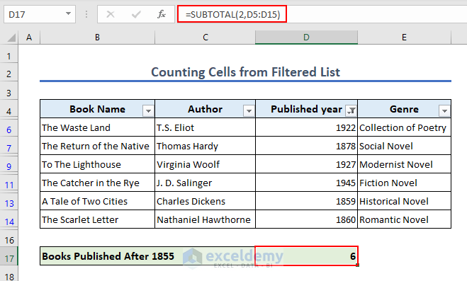 Count cells from filtered list using SUBTOTAL function