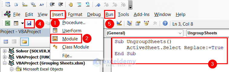Inserting VBA Macro for ungrouping sheets in Excel
