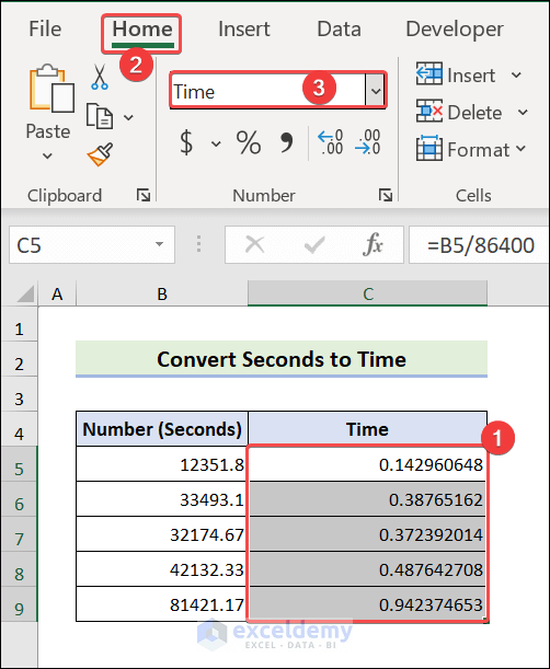 Convert seconds to time from the Number group in the Home tab