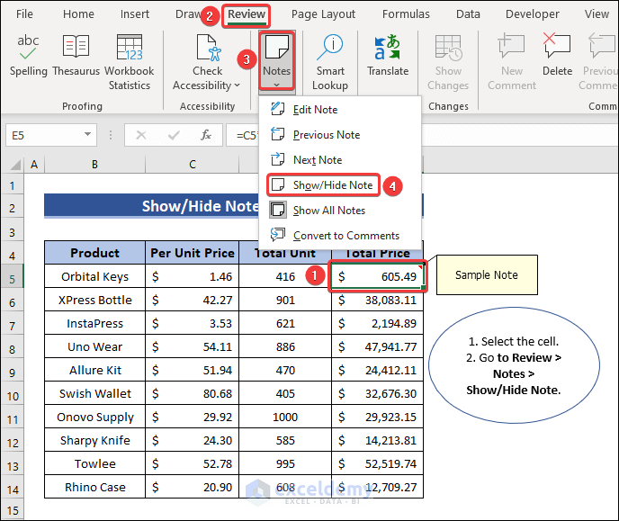 Show or Hide Notes in Excel