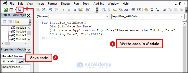 Writing and Saving VBA code to create InputBox Containing Default date in Excel
