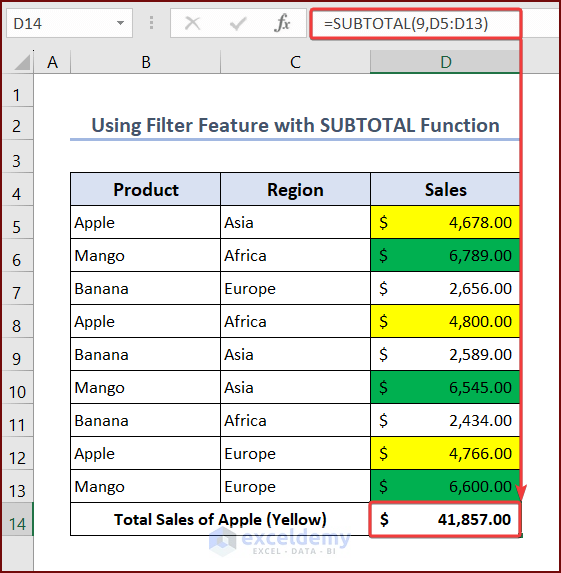 Using SUBTOTAL Function to Get Sum of All Cells