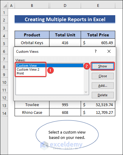 Show Different Custom Views in Excel