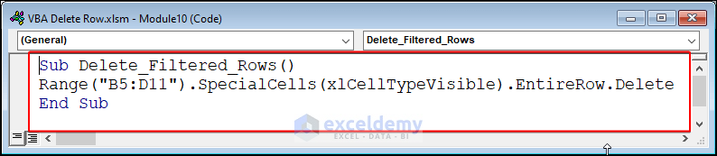 VBA code to delete filtered rows