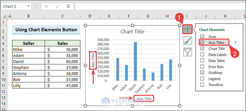 Add axis title in Excel chart