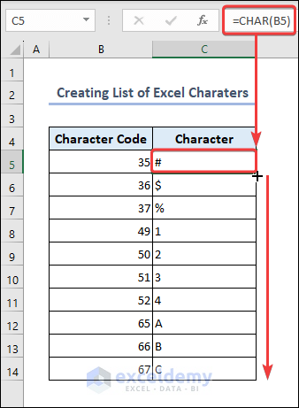 Create List of Excel Characters