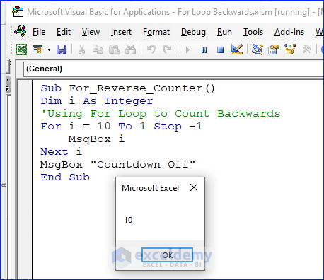 Excel VBA For loop Backward Counter Result_01