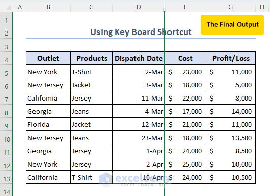 Final output of hiding cells in Excel using keyboard shortcut