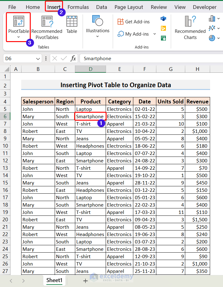 Inserting PivotTable from Insert Tab