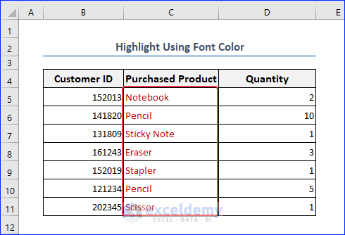 Output of Highlighting by Font Color