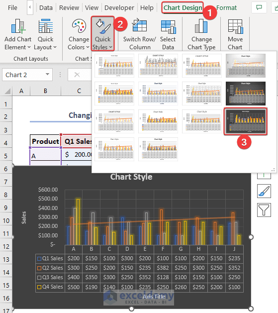 Selecting one Chart Style in Excel from Style 1 to Style 16